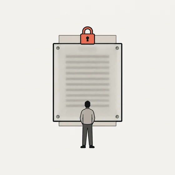 Illustration: a person in front of a resume behind frosted glass, with a padlock on top