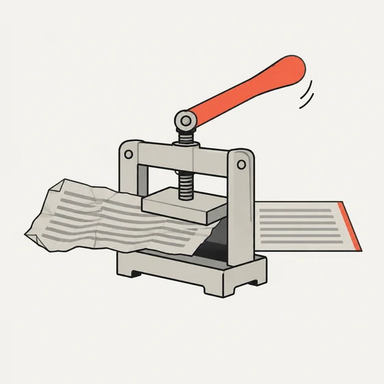 Illustration: a press turning a crumpled resume into a clean, flat one