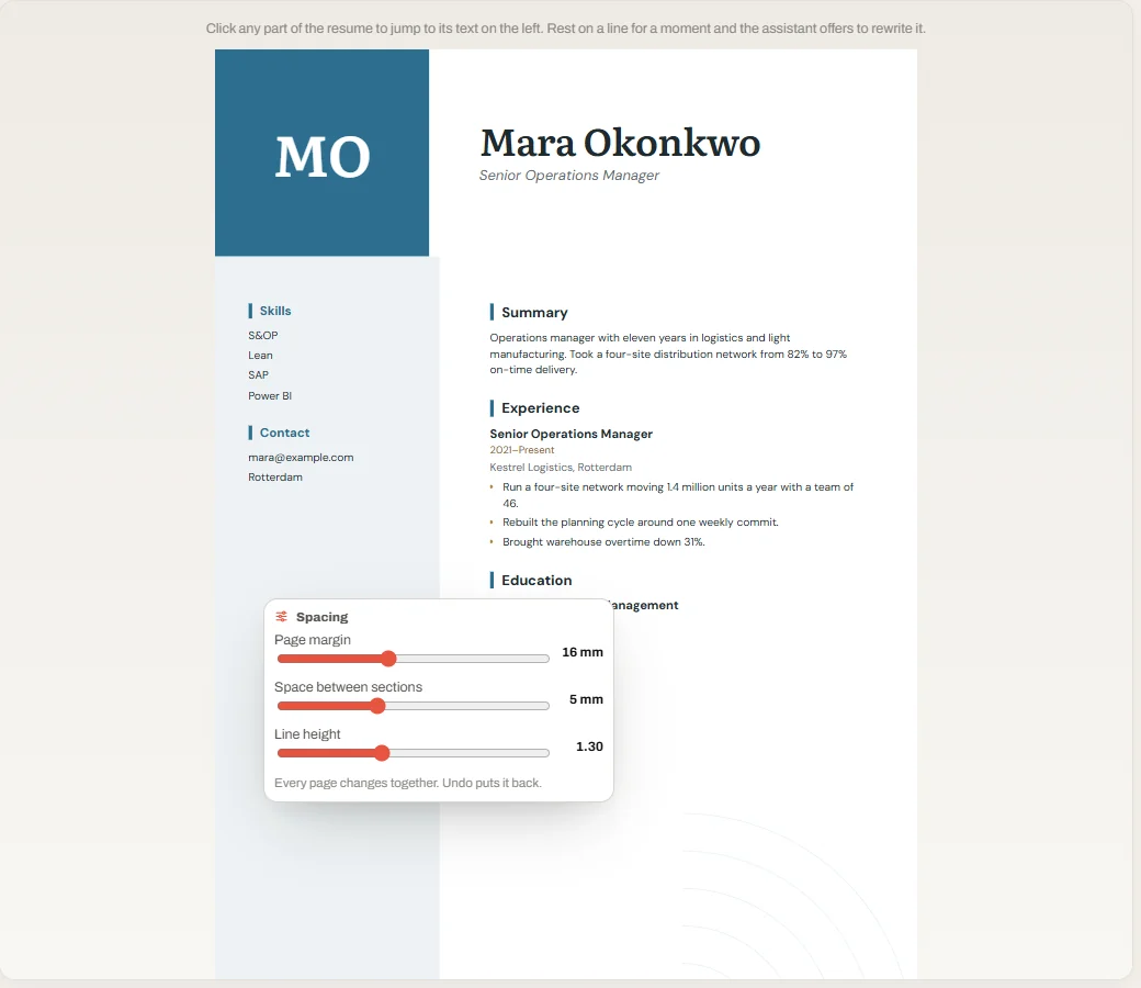 The spacing panel open over a resume in the JobBlynt editor