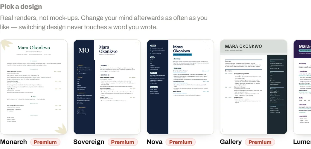 The row of resume designs in JobBlynt, each a real render