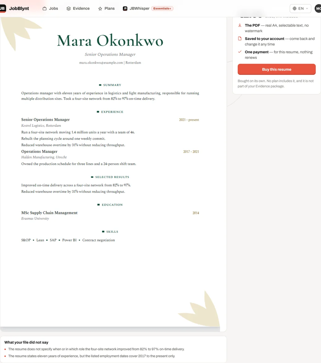 The finished resume on screen beside what it costs to keep it