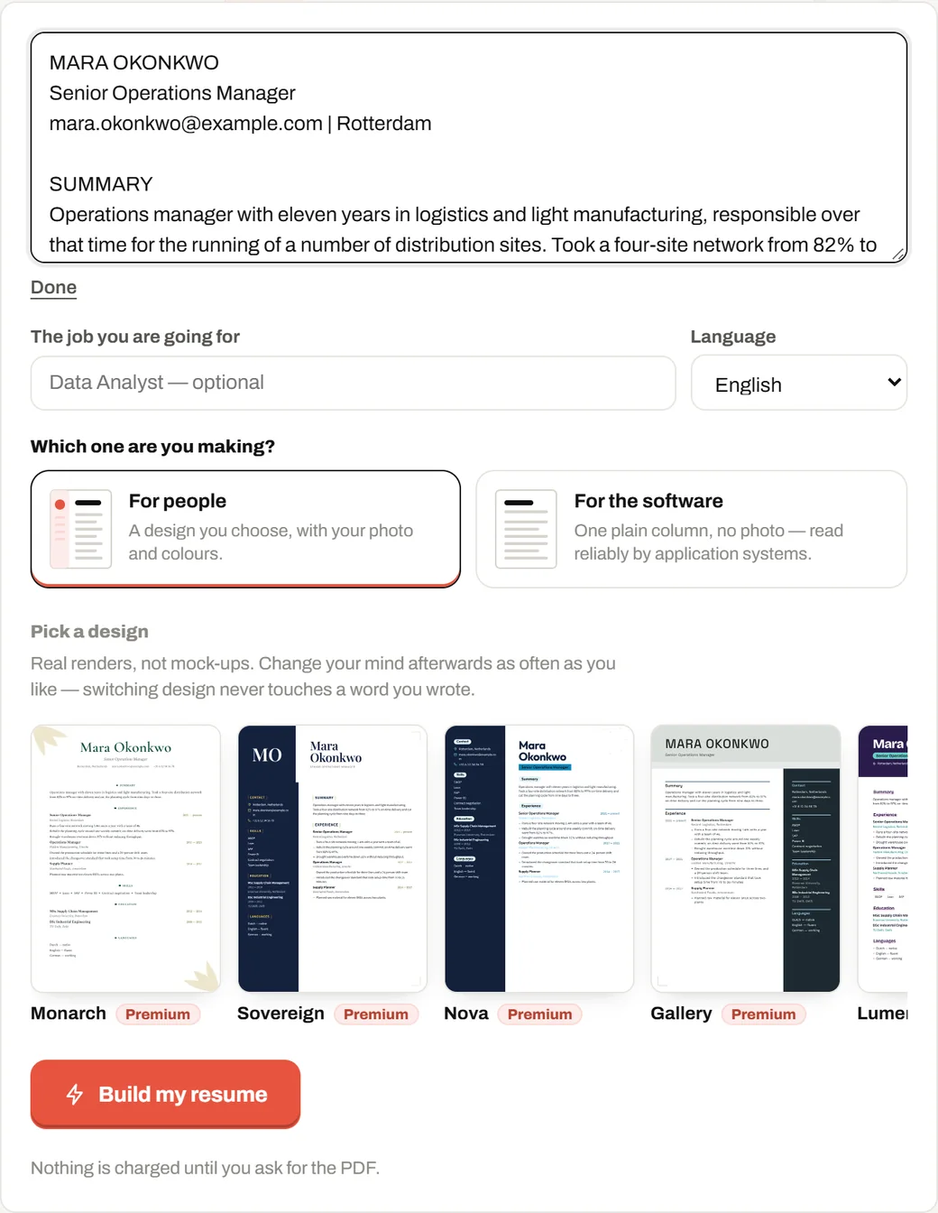 The JobBlynt generator with the sections of a resume ready to fill in