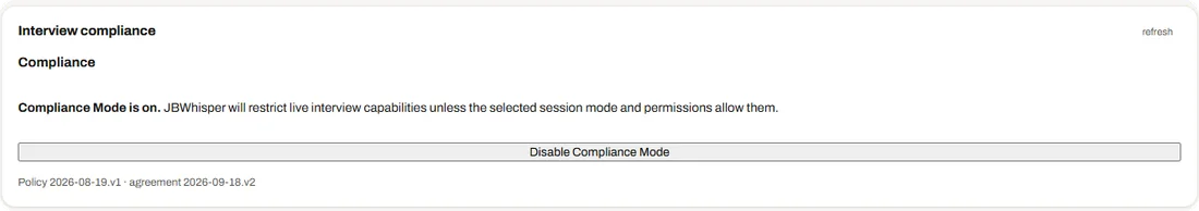 The Compliance tab: Compliance Mode is on, with the Disable Compliance Mode button and the policy and agreement versions.