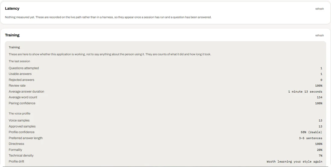 The Diagnostics tab: latency, the last training session's counts and the voice profile measures.