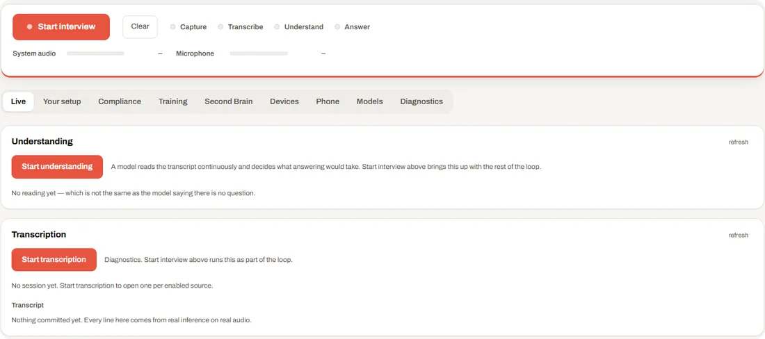 The Live tab: the transport with Start interview and the four stages, and the Understanding and Transcription cards.