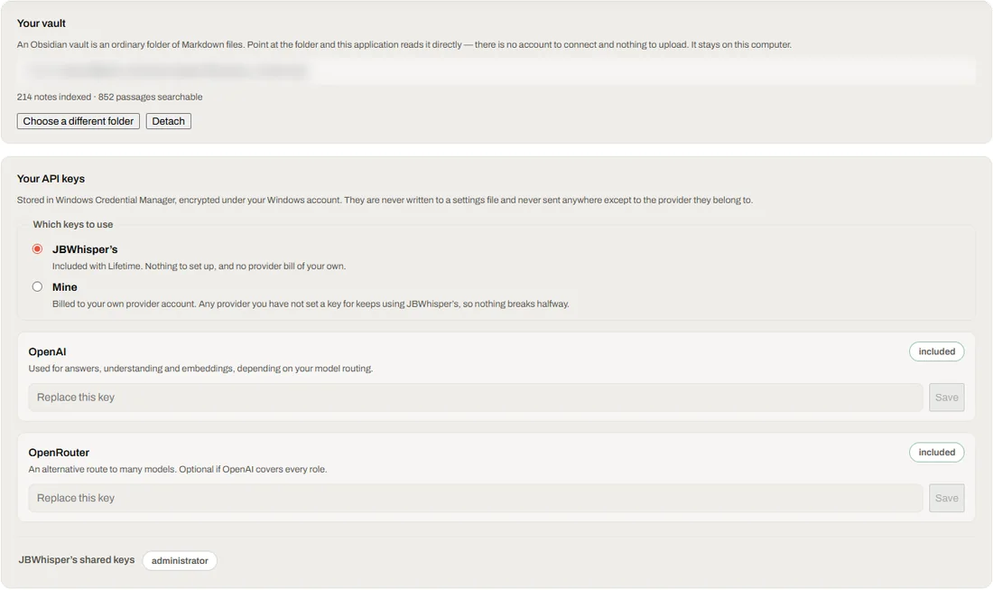 The Your setup tab: the vault card with the folder, 214 notes indexed and 852 passages searchable, and the API keys card with the choice between JBWhisper's keys and your own.