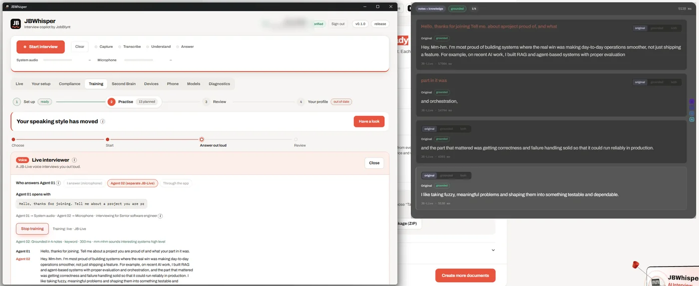 A live run: Agent 01's opening question and Agent 02's grounded answer in the training card, and the same answer in the Answer window with a grounded badge.