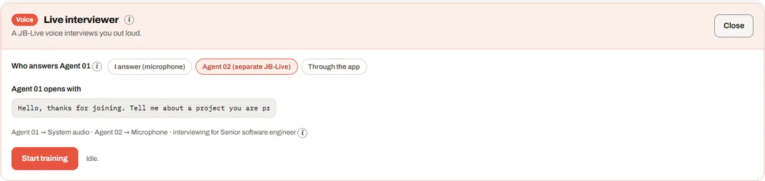 The Live interviewer card: Who answers Agent 01 with Agent 02 selected, the opening line and the routing summary.