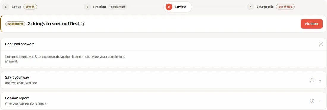 Training step 3, Review: Captured answers, Say it your way and Session report.