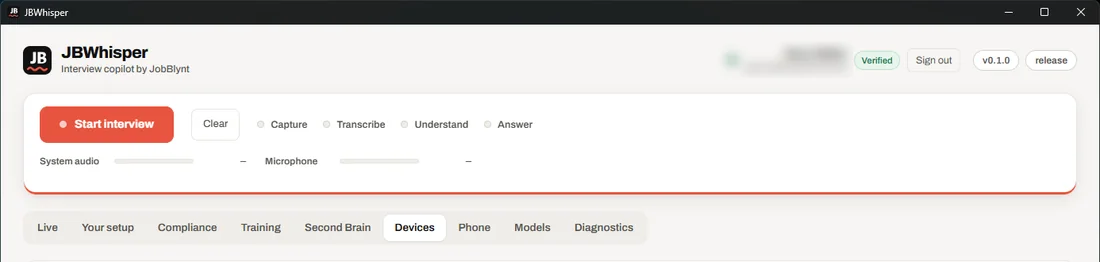 The top of the JBWhisper main window: Start interview, Clear, the stages Capture, Transcribe, Understand and Answer, the audio meters and the nine tabs.