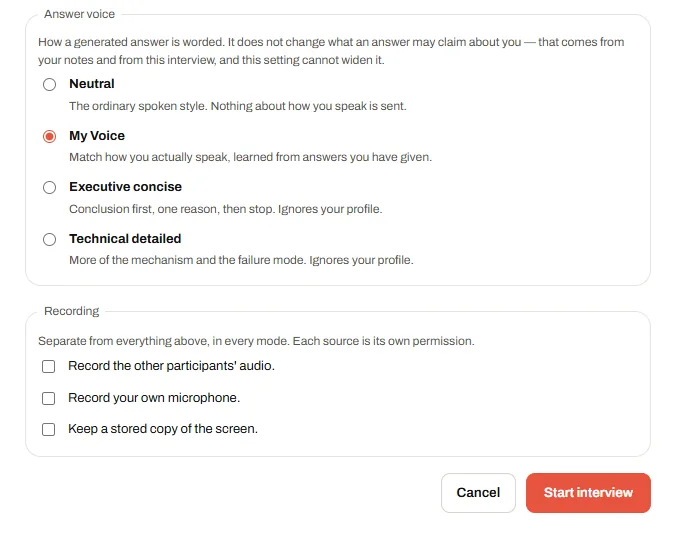 The lower half of the Before you start dialog: the answer voice choices and three separate recording permissions for other participants' audio, your microphone and the screen.