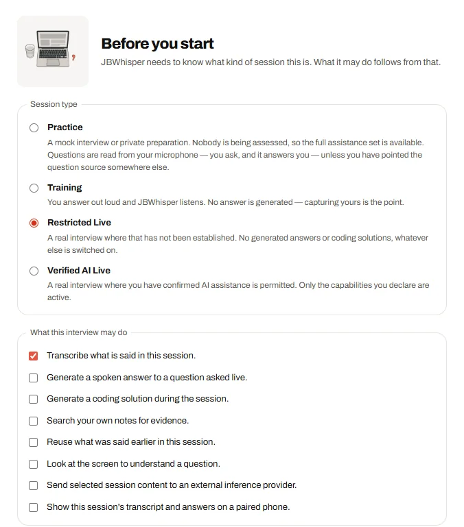 JBWhisper's Before you start dialog with Restricted Live selected: transcription is allowed, while generated answers, coding solutions, note search, screen analysis and phone mirroring are all unticked.
