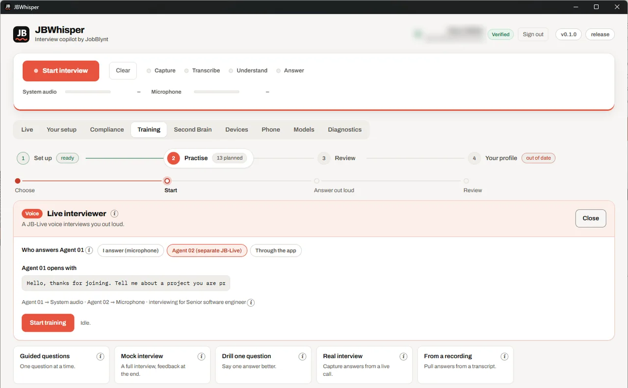 The Training tab on the Practice step with the Live interviewer card and the five other practice modes.